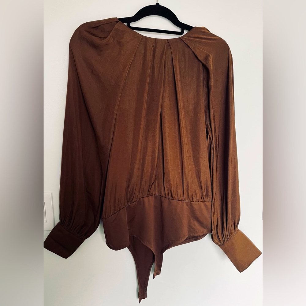 CHOCOLATE BROWN COWL NECK BALLOON SLEEVE BODYSUIT